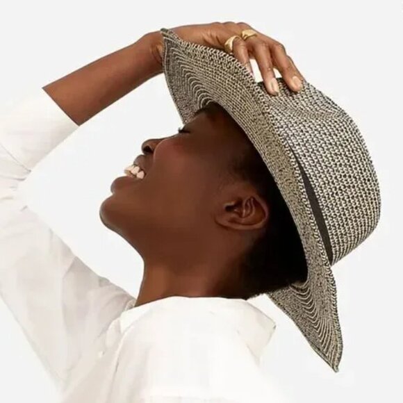 J. CREW I Woven Black and Ivory Marled Wide Brim Packable Sun Hat, X/XL - Picture 2 of 15